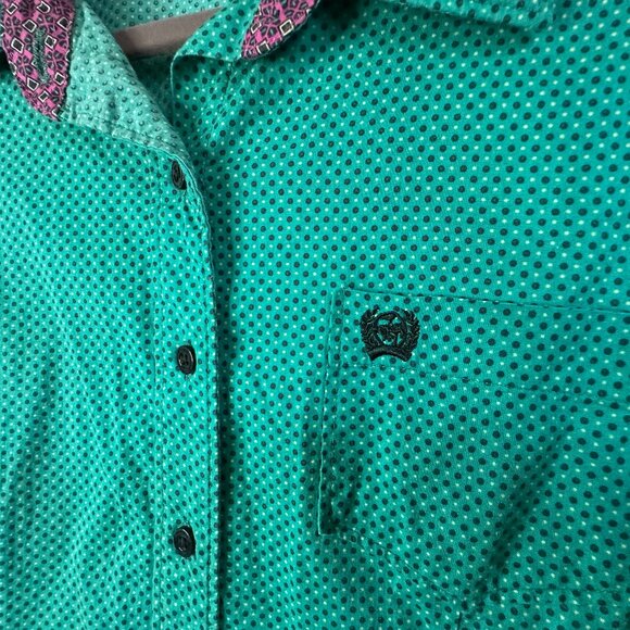 Men's XL Cinch Turquoise Geometric Pattern Contrast Flip Cuff Button-down Shirt - Picture 2 of 10